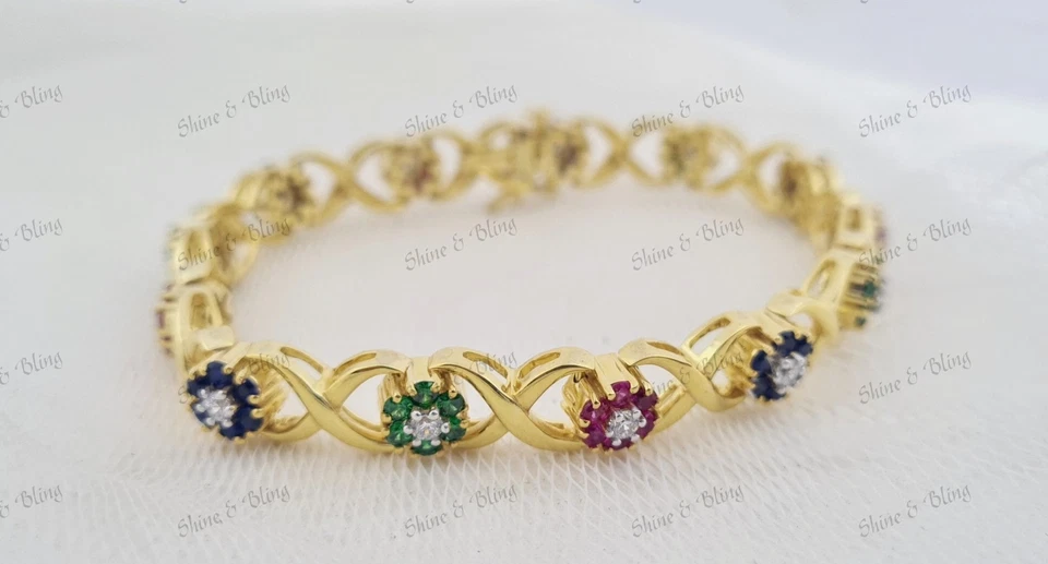 Round Simulated Multicolor Women Flower Tennis Bracelet Gold Finish 925 Silver - Image 3 of 4