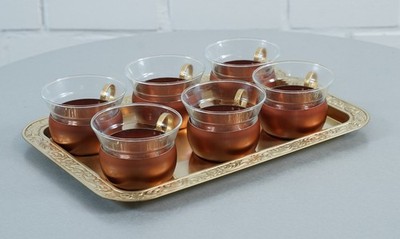 edles Glas Kupfer Messing Grog Teeservice auf Tablett Vintage 1970er Jahre