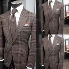 Checked Men's Business Formal Suit Autumn Jacket Tuxedo Workwear Offical 2Pcs