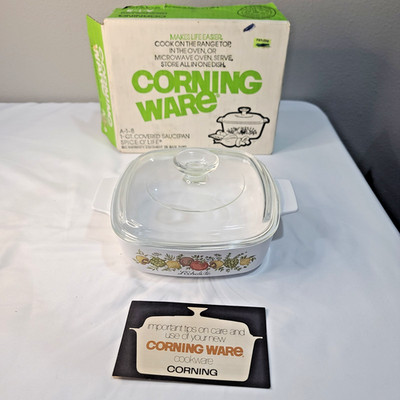 VTG. CORNING WARE A-1-8  SPICE O  LIFE COVERED SAUCEPAN 1 QT NEW IN ORIGINAL BOX