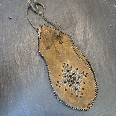 Antique 19thc Apache Beaded Leather Drawstring Bag 8 X 3