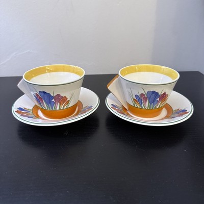 WEDGWOOD CLARICE CLIFF TEE FÜR ZWEI TASSEN & UNTERTASSEN PAAR Krokusmuster Limitierte Auflage