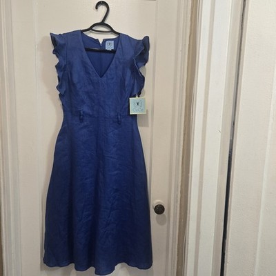 CeCe Blue Solid Linen A-Line Midi Dress V-Neck Ruffle Sleeve Lined Zip 0