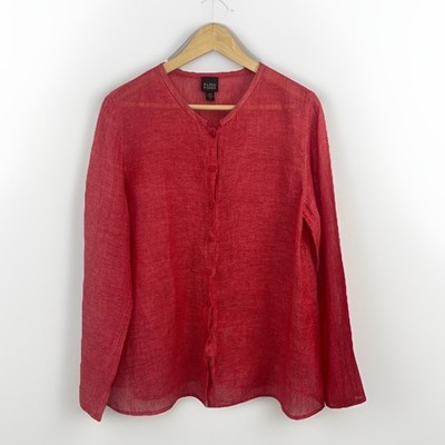 Eileen Fisher Coral Pink Shirt 100% Italian Linen Long Sleeve Button Up Sz M