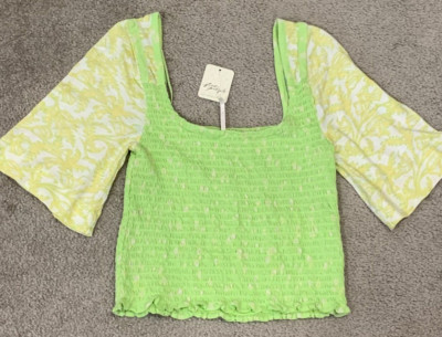 Free People Marigold Tee Top Womens XS in Key Lime Combo Smocked Crop Bright New