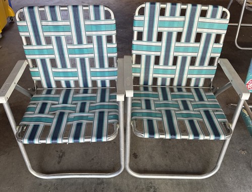 Lot Of 2 Vintage Sunbeam Aluminum Folding Chair Beach Lawn Webbed White&Blue
