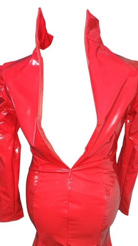 Red shiny faux leather PVC fish tail dress. 40"/44" bust. Size 14/18 UK New. - Picture 5 of 7