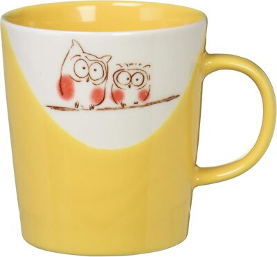 [Minoware] Fukuro Happy Owl Kaffeebecher Keramiktasse Kaffee Gelb Rot Glück Neu
