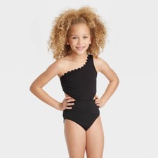 Girls' Solid Summer Scallop Swimsuit - art class  Black XS