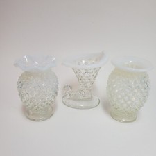 3 Vintage Small White Opalescent Hobnail Vases