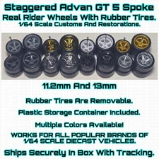 5 Spoke Advan GT Staggered Real Rider Wheels Rubber Tire For 1/64 Scale Hot