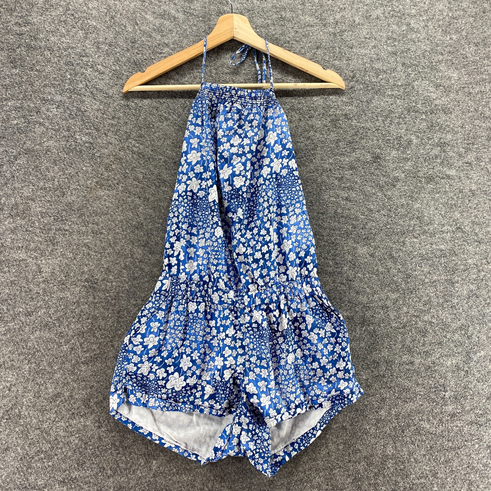 Hollister Jumpsuit Women M Medium Blue Floral Sleeveless Halter Neck Cotton-image