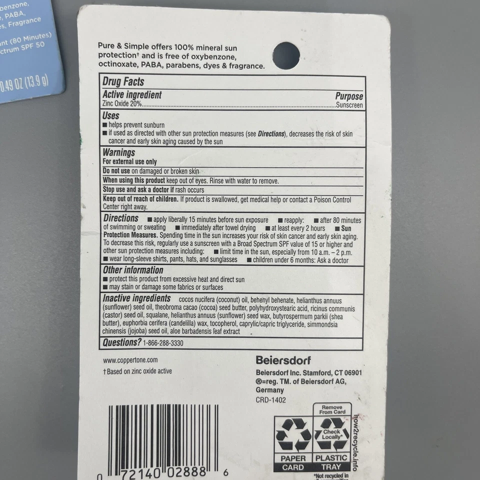 Coppertone PURE & SIMPLE 50 Mineral Protección Solar 2PK x 0.49oz Exp 11/25 Foto 2 de 3