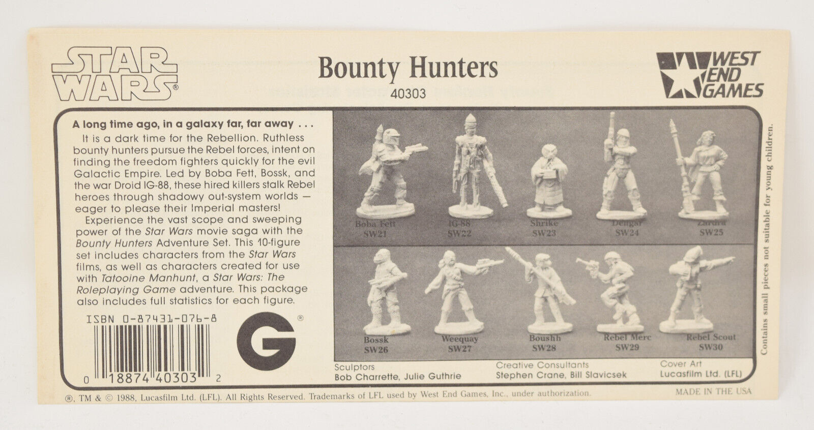 1988 West End Games Star Wars 40303 Bounty Hunters Adventure Set Grenadier  Models 25mm Metal (1A)