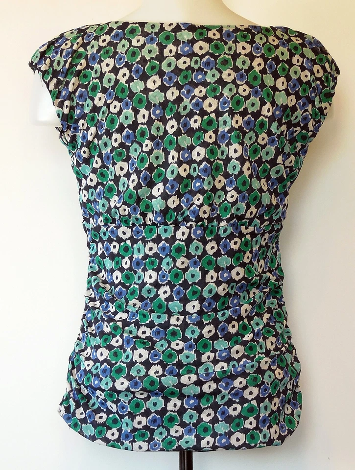 Camisa Top Kenneth Cole Azul y Verde Floral Manga Gorra Nylon Malla Acanalada Lateral S Foto 3 de 3