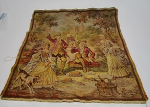 Vintage tapestry cloth baroque French picnic scene castle woven Belgium 18 x 18