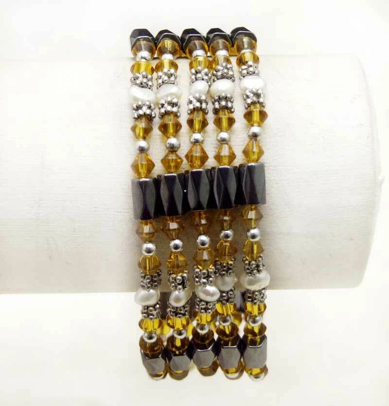 Pulsera magnética de cristal naranja para mujer de 5 mm de perlas blancas naturales 36"" Foto 2 de 4