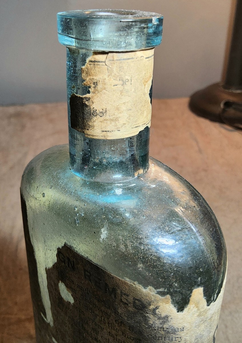 ANTIQUE DR. KAUFMANN'S SULPHUR BITTERS AQUA GLASS BOTTLE WITH WRAP