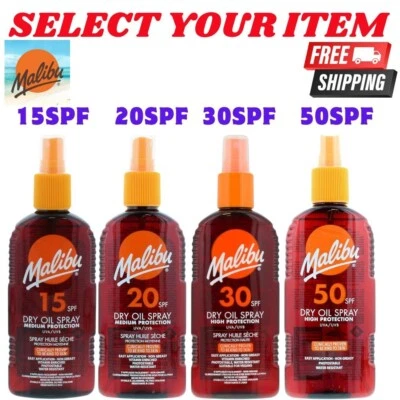 Malibu Sun SPF Dry Oil Spray 200ml Water Resistant Suncare Non-Greasy Tanning UK