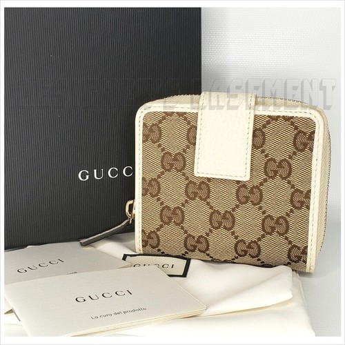 GUCCI beige Original GG ivory leather French zip around pouch wallet NIB Authent