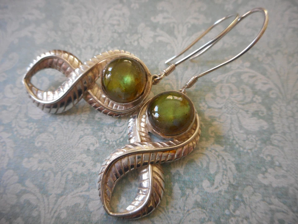 Pendientes colgantes de labradorita helecho de plata de ley Sajen 76-111 Foto 2 de 4