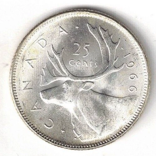 1966 Canadian Brilliant Uncirculated Business Strike Silver Caribou 25 Cent Coin