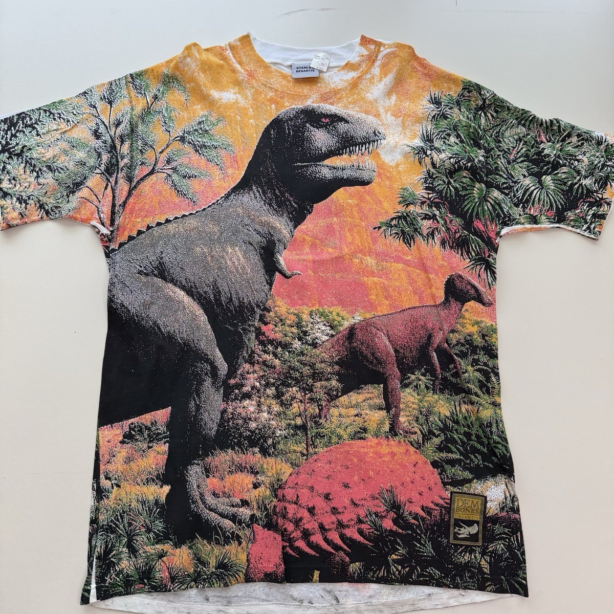 Vintage 90s Stanley Desantis AOP Dinosaur Art Dem Bones Mens T