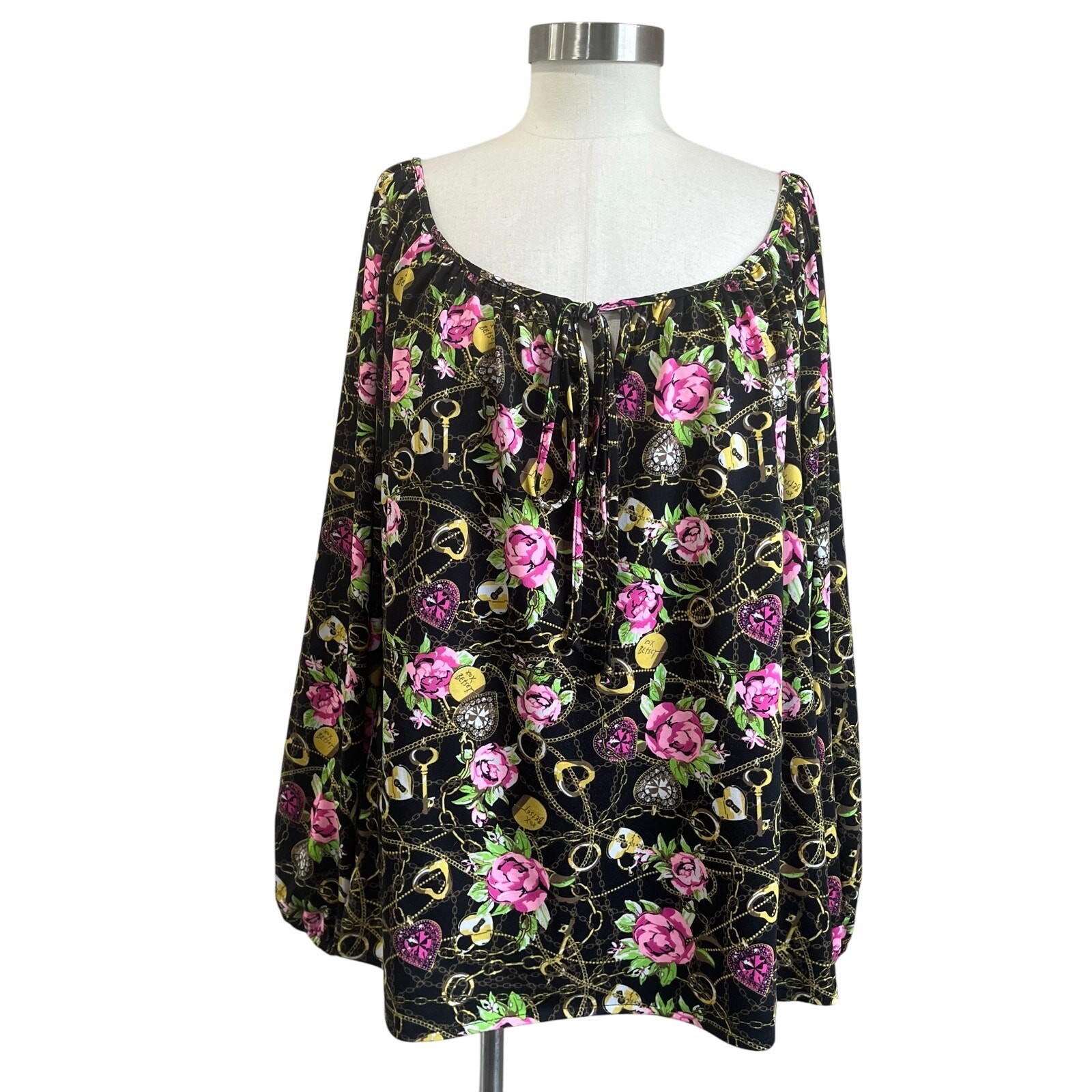 Betsey Johnson Floral Chain Print Blouson Top XL Pink Roses Boho Glam