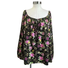 Betsey Johnson Floral Chain Print Blouson Top XL Pink Roses Boho Glam