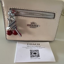 Coach Cherry And Key CharmGlazed Leather Card CaseWallet - Chalk White
