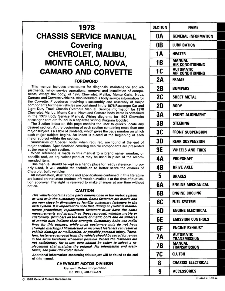Chevrolet 1978 manual de servicio de fábrica - reproducción OEM 994 pg Camaro Caprice Foto 2 de 4
