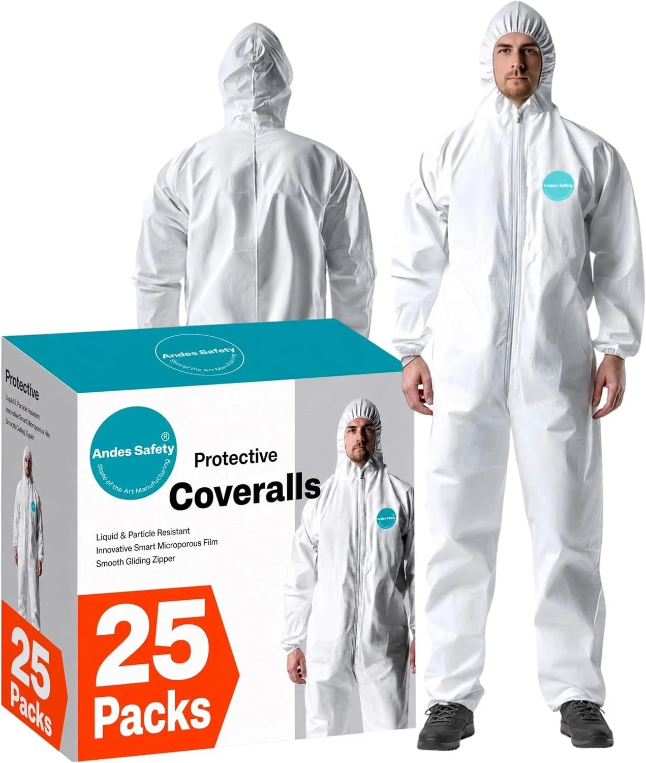 Andes 25 Count Lab Coveralls, White Microporous Film, Attached Hood, Elastic ... image 3