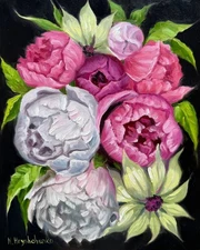 STILL LIFE Bouquet BLOOMING PEONIES Original Oil Painting Signed Art 10x8 inch