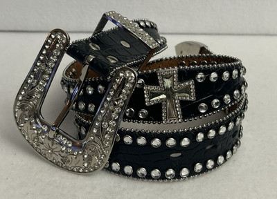 Blazin Roxx Women s Western Rhinestone Cross Bling Scalloped Black Belt (Size S)