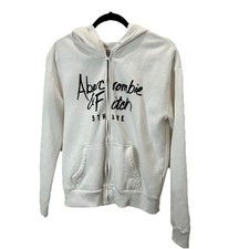 Abercrombie  Fitch White Black Embroidered Spellout Logo Full Zip Hoodie Size M