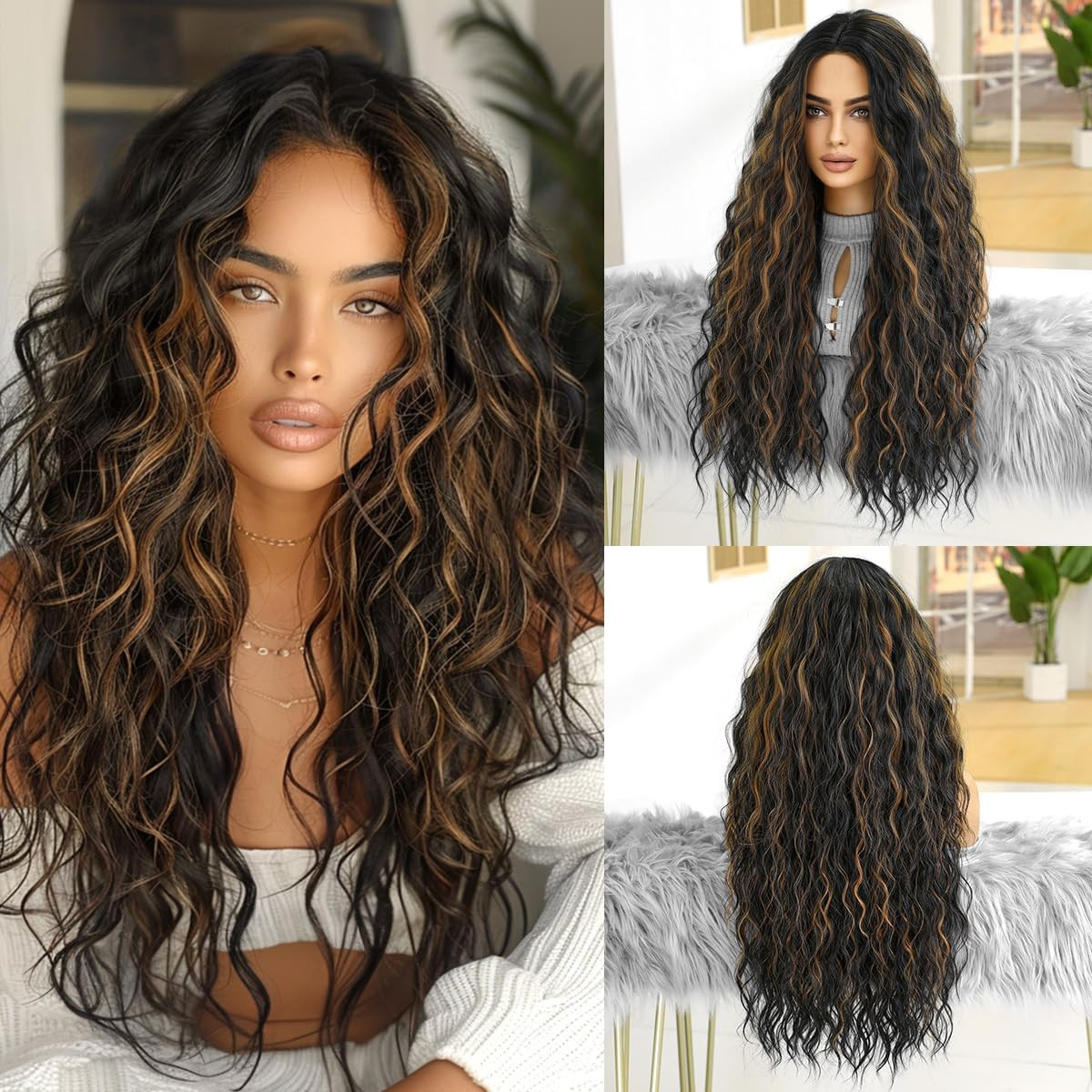 Negra Larga Con Mechas Marrones Pelucas Onduladas Para Mujeres Negras Pelo Sinté