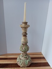 VTG 20" Wood Tall Pillar Candle Holder Pedestal Boho Pink Green White
