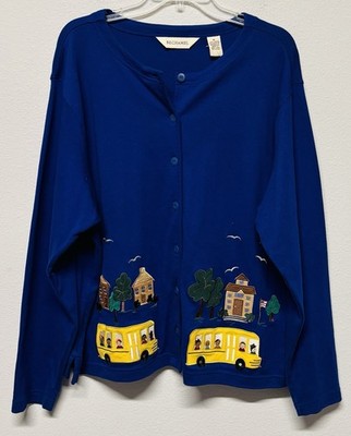 Bechamel Blue Button Front Cardigan Jacket Embroidery School Bus XL Vintage