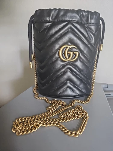 Gucci NEW GG Marmont 2.0 Black Matelasse Leather Mini Bucket Chain Bag