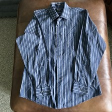 ARROW USA Men's Fitted Long Sleeve Dress Shirt Blue Striped Size 16 34-35