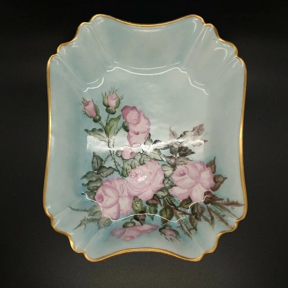 Limoges France Porcelain Dish A Lanternier Blue Vanity Tray Hand Painted Roses - Image 3 of 4