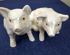 2 Different Adorable Ceramic Iridescent Glazed Pigs 7" x 4" Vintage
