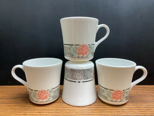 Set of 4 Corning Corelle Silk & Roses Coffee Tea Cups Mugs Floral