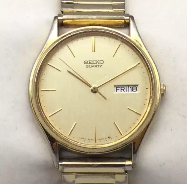 Vtg Seiko Watch Men Gold Tone 33mm Day Date 5Y23 8039 Stretch Band New Battery