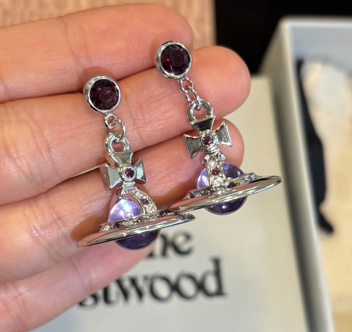 Vivienne Westwood Purple Crystal 3D orb Saturn Drop earrings Vivienne Westwood Purple Crystal 3D orb Saturn Drop earrings