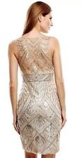SUE WONG 4 Champagne Silver Beaded Sequin Bridal Formal Cocktail Evening Dress