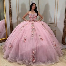 Pink Sweetheart Sleeveless Quinceanera Dresses Ball Gown 3D Flowers Sequined