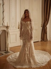 Lace Bride Floral Mermaid Pearls Wedding Dress Heart-shaped Neck Sequined Gown