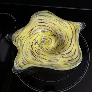 Vintage Murano Type Glass Candy Dish Gold Shimmers On Yellow & Clear Glass Heavy