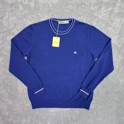 New ETRO Milano Pullover Wool Knit Logo Crew Neck Royal Blue Sweater L size